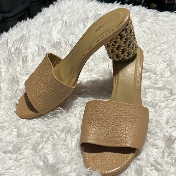 Kaanas Tobago Tan Leather Multicolor Braid Wrapped Block Heel Slides Sandals 8 - Picture 8 of 9
